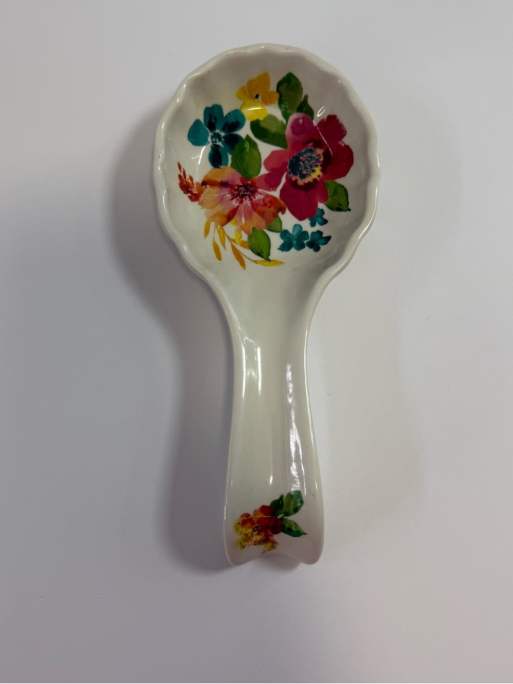 The Pioneer Woman White Ceramic Spoon Rest with Multicolor Floral Accents